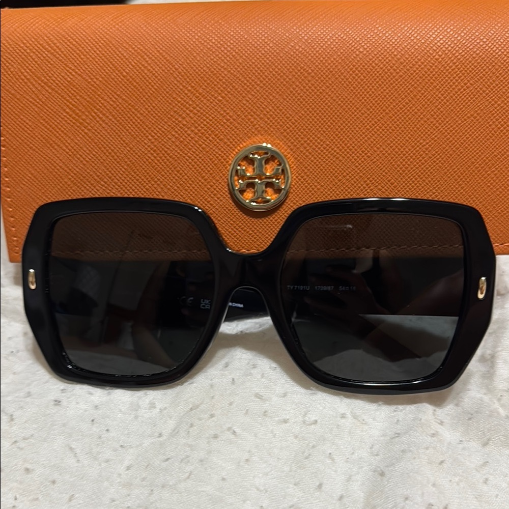 Tory Burch Black Sunglasses with Vibrant Orange Case